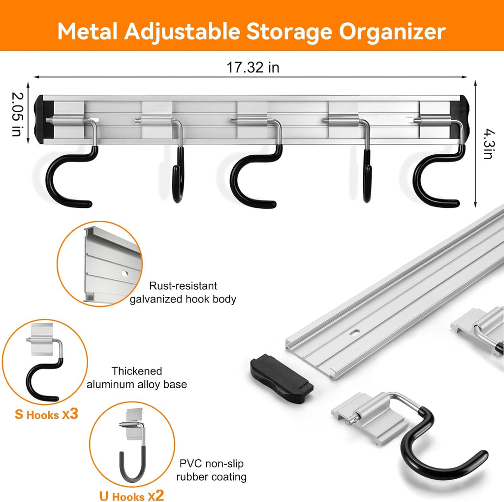 34.5'' Aluminum Alloy Garage Tool Organizer Hooks,Broom Holder Wall Mount, Adjustable Garden Wall Mount Holder for Hanging Shovel Broom Rake Bulk Items and More