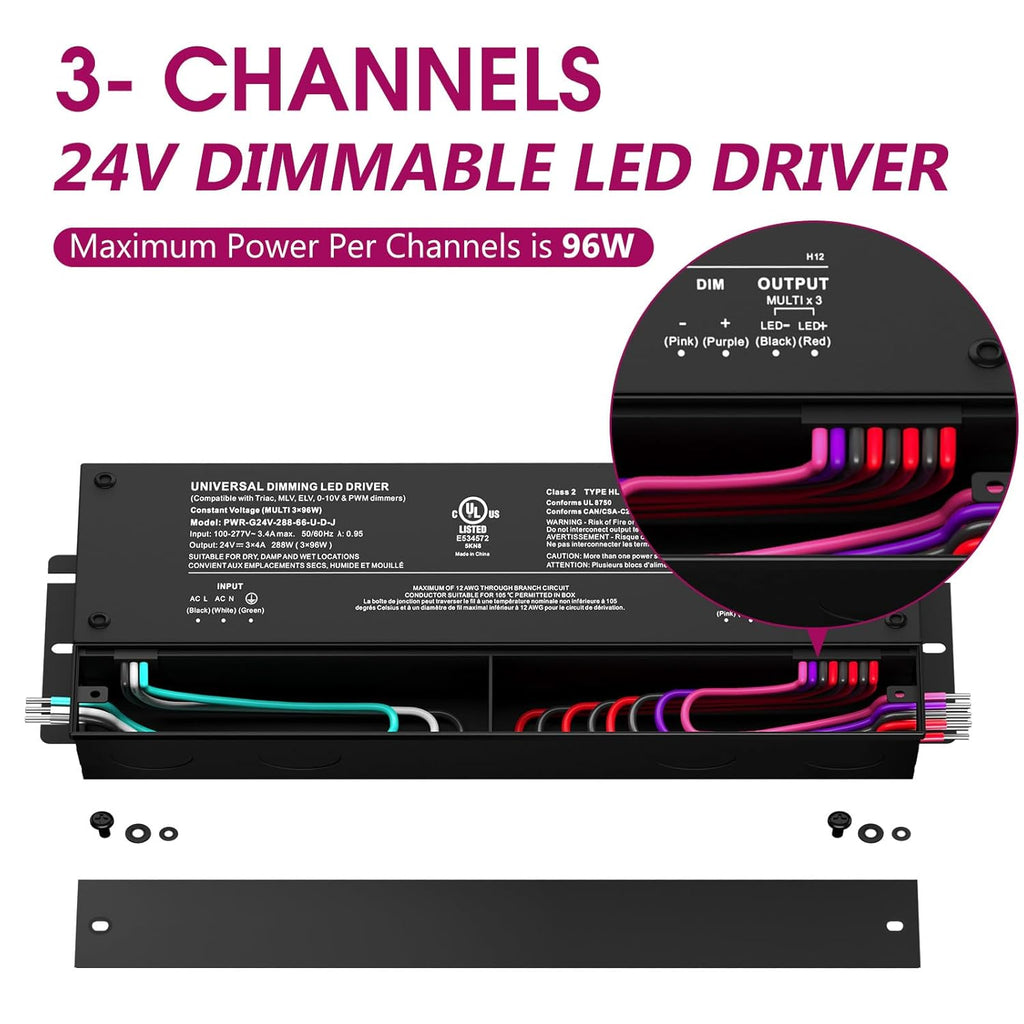 EMITEVER 288W Dimmable LED Driver, 24V 5-in-1 Dimmable Power Supply,3-Channels AC to DC Transformer for LED Light, Compatible with Lutron and Leviton Dimmer, Waterproof IP67 and UL Listed, Class 2