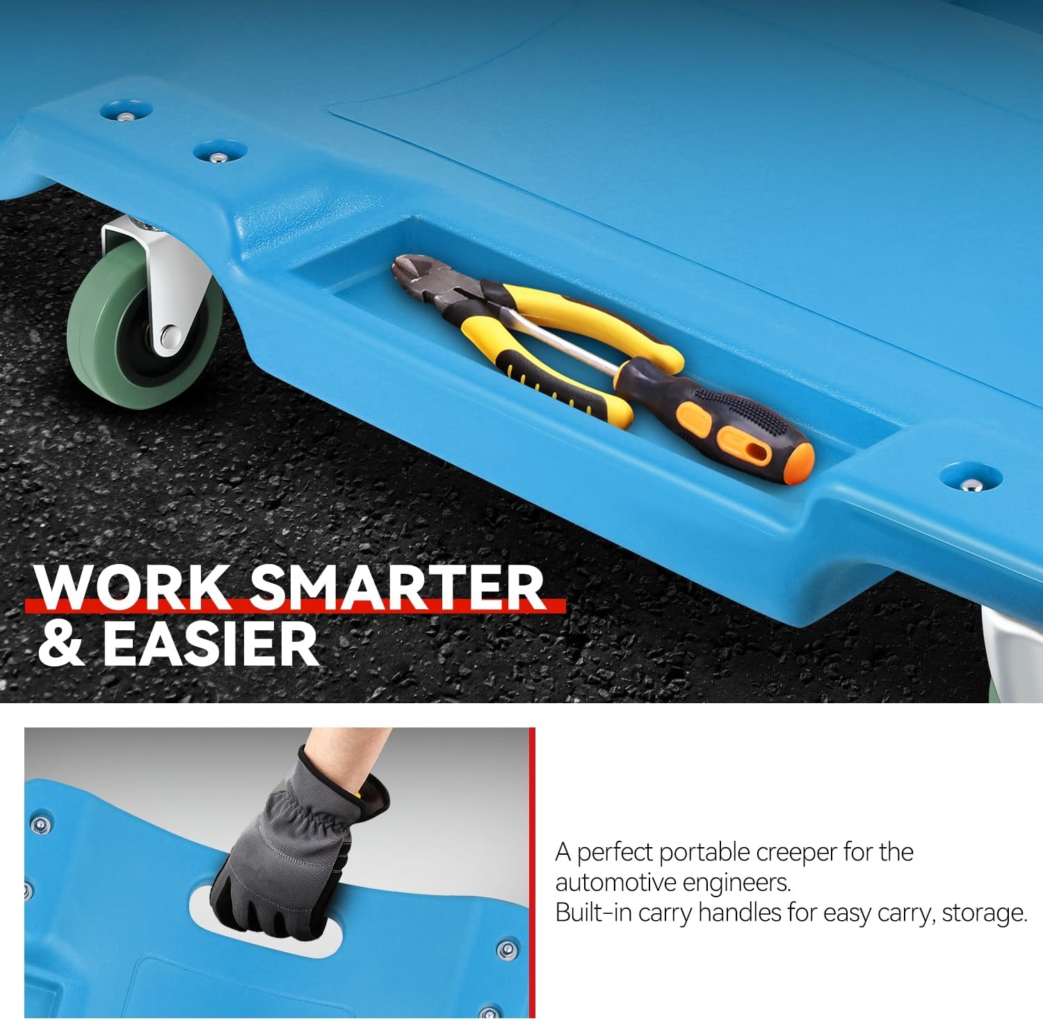 Auto Dynasty 40 Inches Mechanic Creeper, Automotive Garage Repair Low Profile Under Car Rolling Creeper with Padded Headrest, Plastic, Blue