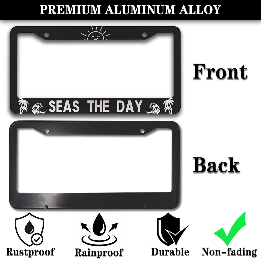 License Plate Frames for Men Black and White License Plate Cover for Women Seas The Day Aluminum Metal Car Accessory 2 Pack with Screw Covers Set