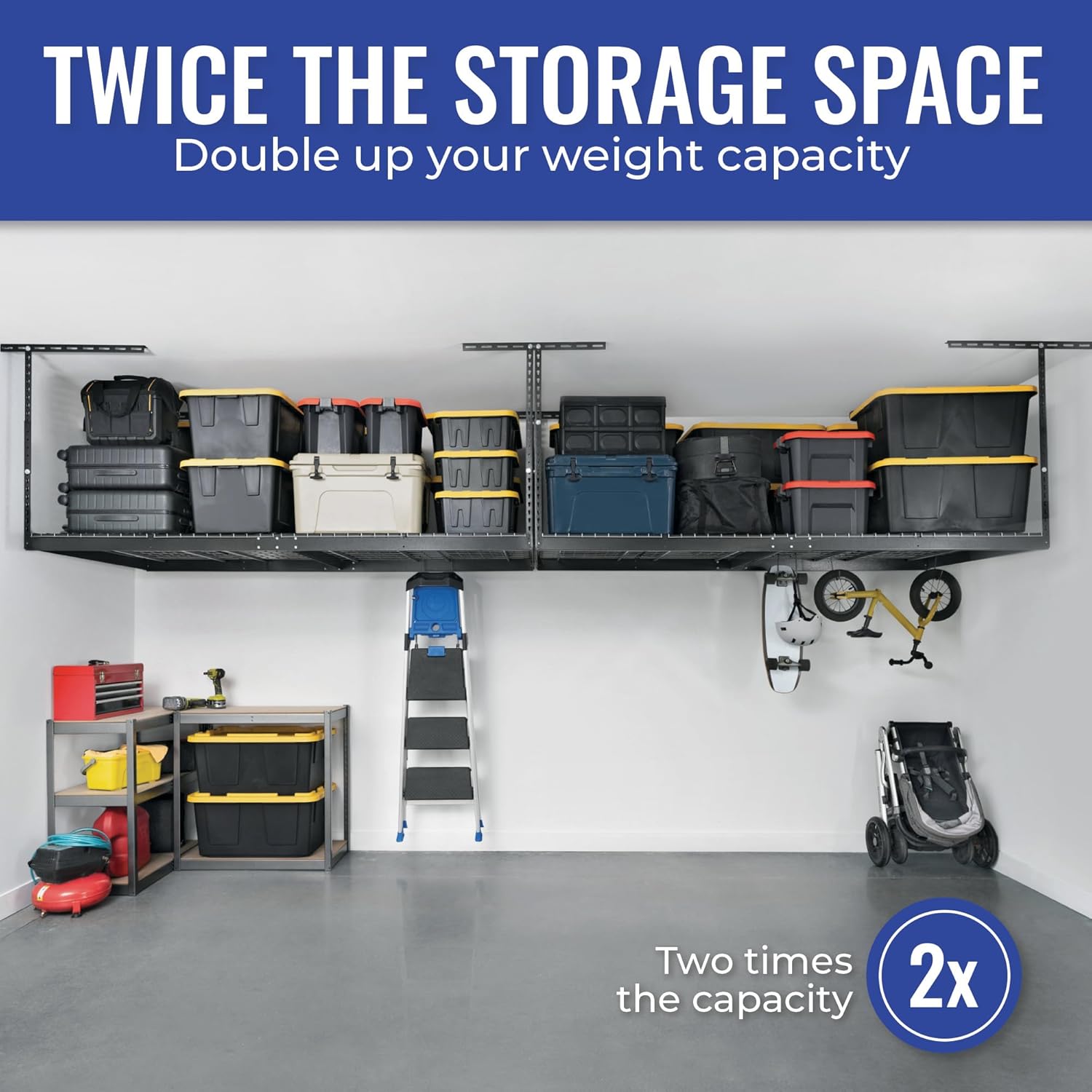 SafeRacks Heavy Duty Overhead Garage Storage Rack, 2-Pack 4x8 Hammertone, 12"-21", 600 lb Capacity, Adjustable Ceiling Mount