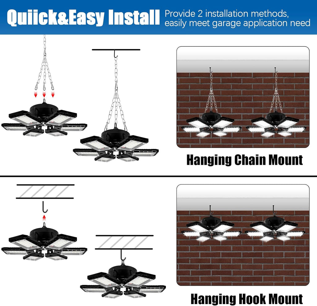 LED Garage Lights 2 Pack - 180W, 18000LM 6500K Led Shop Light with 6+1 Deformable Panels, Basement, Barn, Warehouse, Shop Ceiling Lights, E26/E27 for Multiple Uses