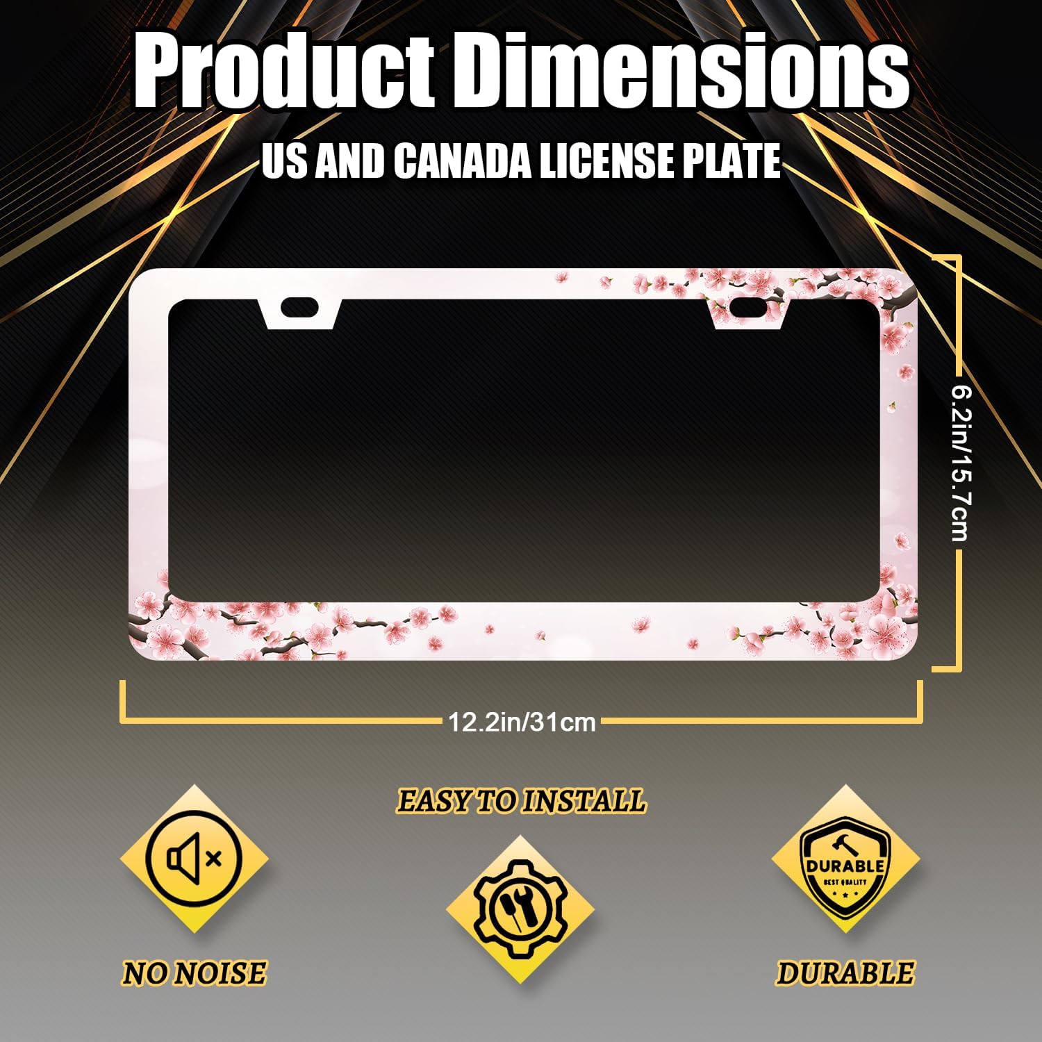 Cherry Blossom License Plate Frame Floral Pink Flowers License Plate Holder Stainless Steel Colorful Design Compatible with Standard License Plate for USA Canada 12.3" x 6.3" with 2 Screws
