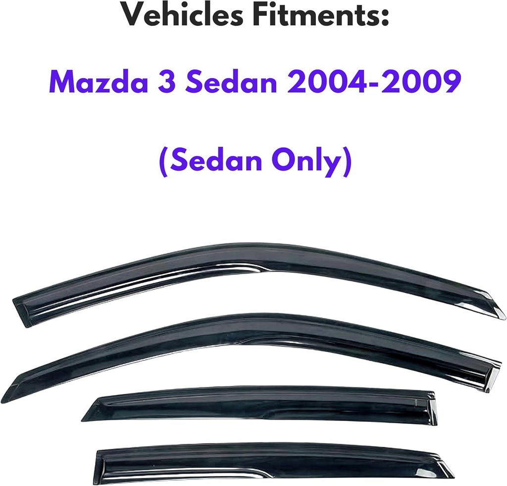 KPY Window Visor Compatible with Mazda 3 Sedan 2004-2009, 4PC Rain Guard Side Window Vent Deflectors Tape-On Mugen Style, 2004 2005 2006 2007 2008 2009