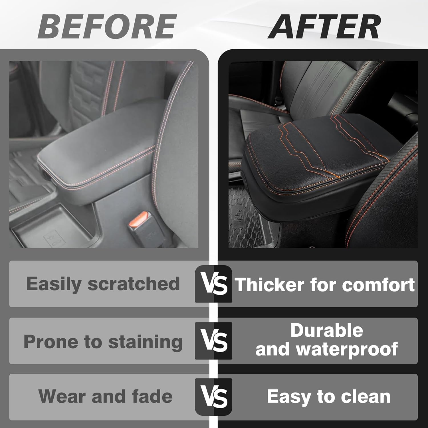 Muslogy for Frontier Center Console Pad Armrest Box Cover Vegan Leather Soft Accessories Armrest Lid Protector Compatible with Nissan Frontier 2022-2024 2025(Extra Thick, V2 Orange Stitching)