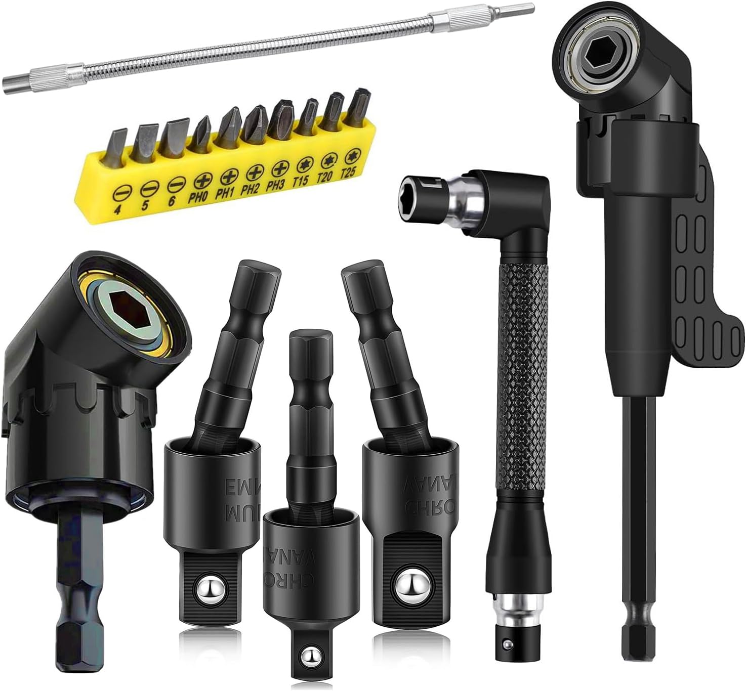 17Pcs Tools Flexible Drill Bit Extension,Include 3Pcs Rotatable Socket Adapter 2Pcs Hex Shank 105° Right Angle Drill Attachment 10 Short Screwdriver Bits 90° Angled Bits & Bendable Drill Bit Extension