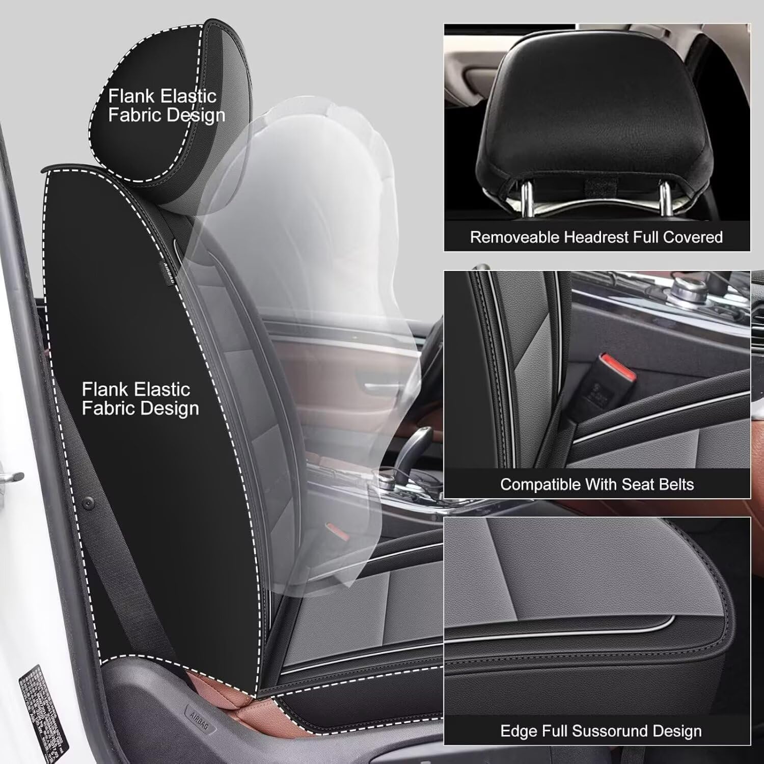 YORKNEIC Leather Car Seat Covers Fit for Hyundai Kona 2018-2025: 5 Seats Full Set Seat Covers - Waterproof Auto Seat Protector Compatible Airbag (Black&Grey)
