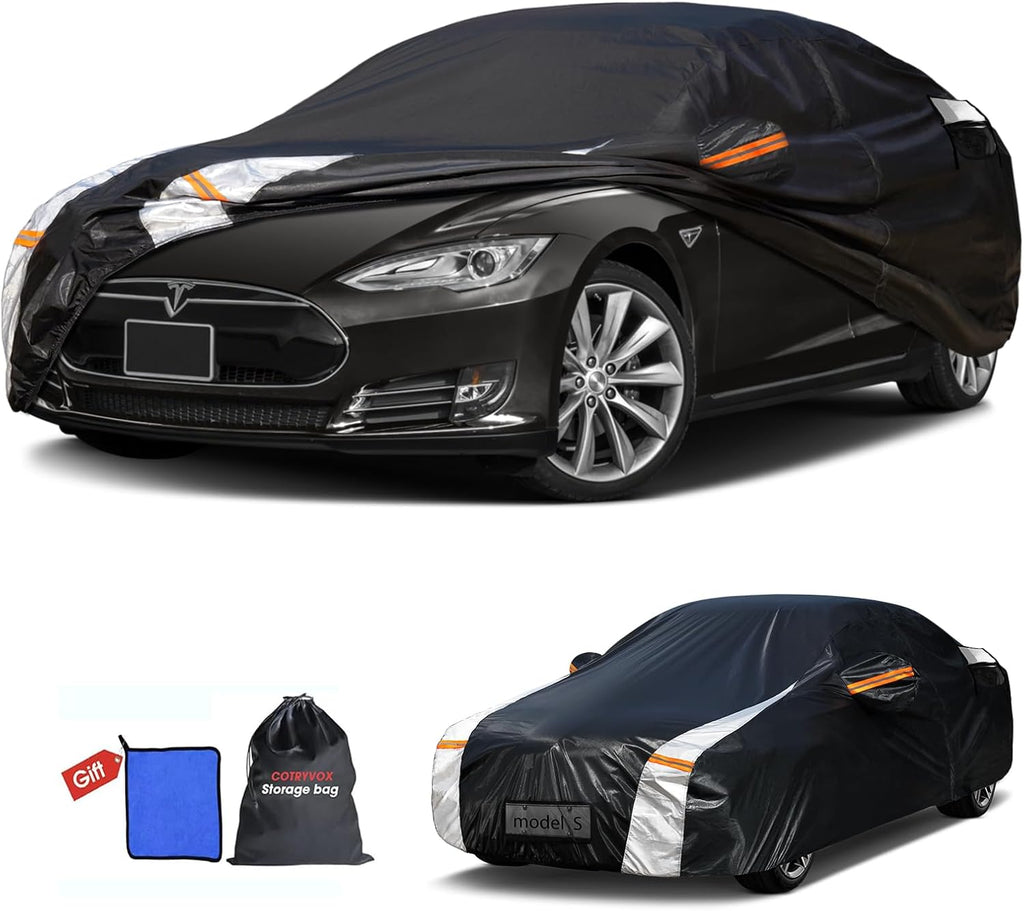 12-Layer Custom Fit Car Cover for Tesla Model S (2012-2025), Upgraded Waterproof All-Weather Full Exterior Cover with Door Zipper and Charging Port, for Snow Rain Dust and Sun UV Protection-Black.