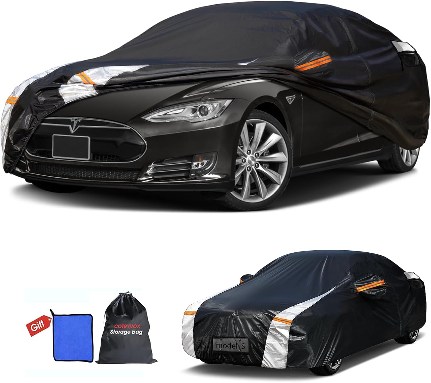 12-Layer Custom Fit Car Cover for Tesla Model S (2012-2025), Upgraded Waterproof All-Weather Full Exterior Cover with Door Zipper and Charging Port, for Snow Rain Dust and Sun UV Protection-Black.
