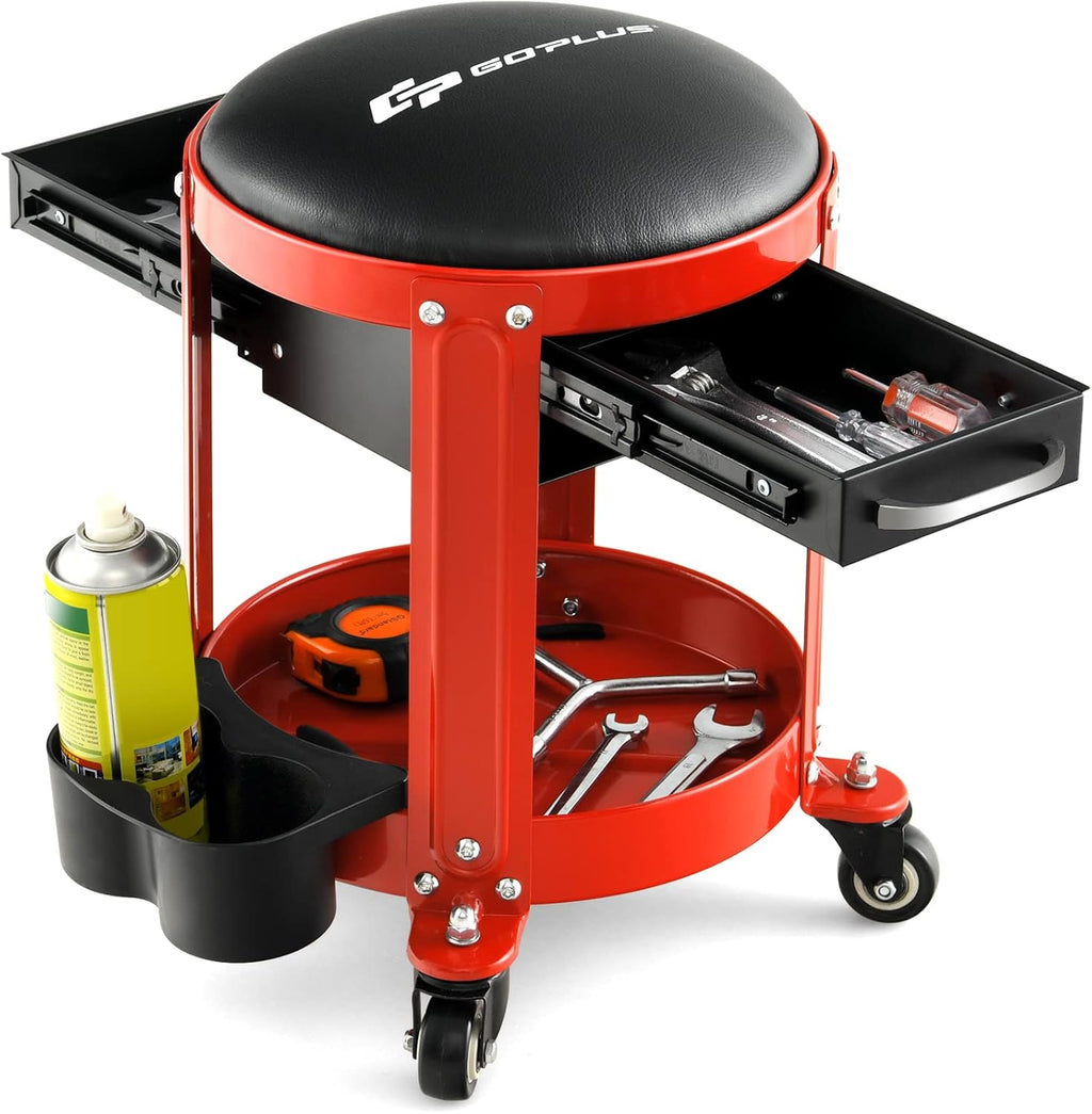 Goplus Rolling Mechanic Stool, Shop Stool Creeper Seat with Removable Padded Seat, 2 Drawers, Tool Tray, Twin Can Holder, Universal Wheels, Round Garage Workshop Chair, 330 Lbs Max Capacity