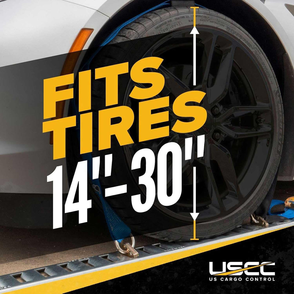 US Cargo Control E Track Wheel Straps with E-Track Fittings & Three Rubber Blocks (4-Pack), 2 Inch x 11 Foot Car Tie Down Straps for Trailers, Fits Tires 14-30 Inches, 12,000 LBS Break Strength