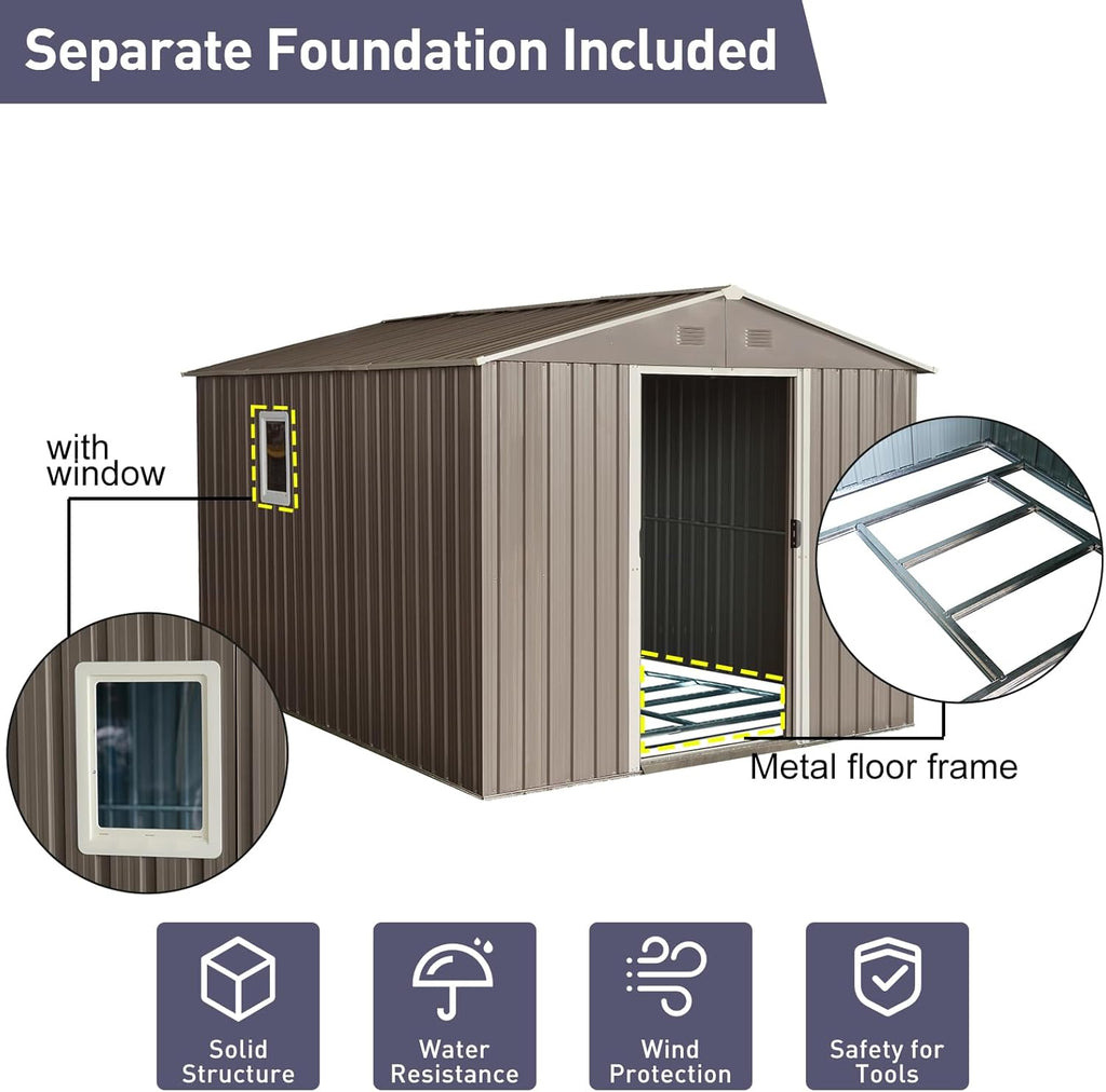 10×8FT Outdoor Metal Storage Shed Large Garden Sheds with Floor Base & Window,Sliding Doors and Padlock for Garden,Backyard,Lawn,Easy to Assemble,Grey