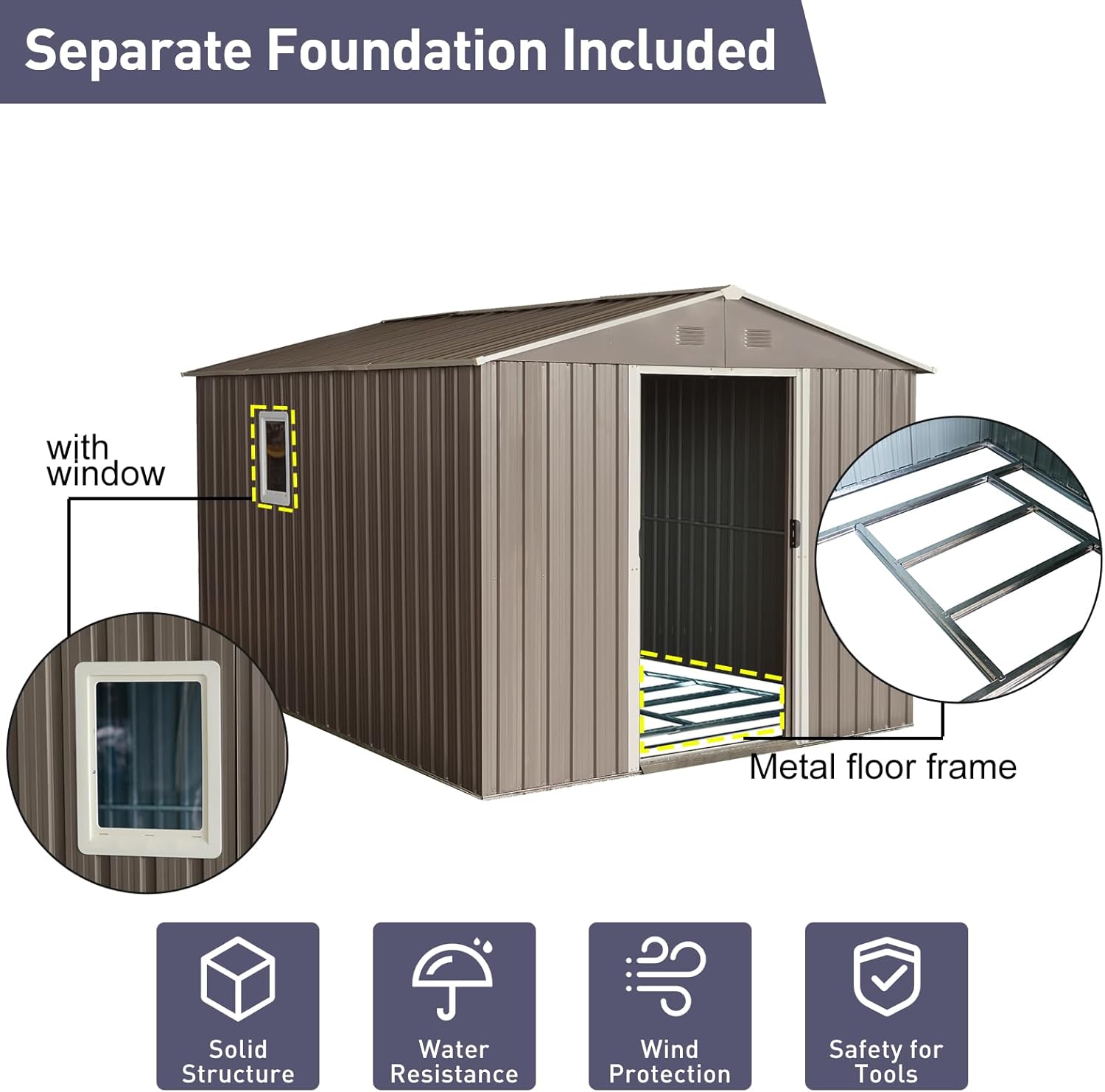 10×8FT Outdoor Metal Storage Shed Large Garden Sheds with Floor Base & Window,Sliding Doors and Padlock for Garden,Backyard,Lawn,Easy to Assemble,Grey