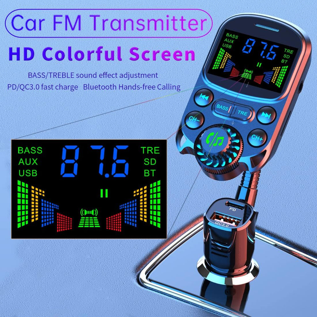 Bluetooth FM Transmitter for Car 1.5" Color Screen Display Wireless Handsfree Radio Transmitter Car Charger Adapter Support TF Card USB Flash Drive 48W PD/ QC3.0 Dual USB Charging (Black)