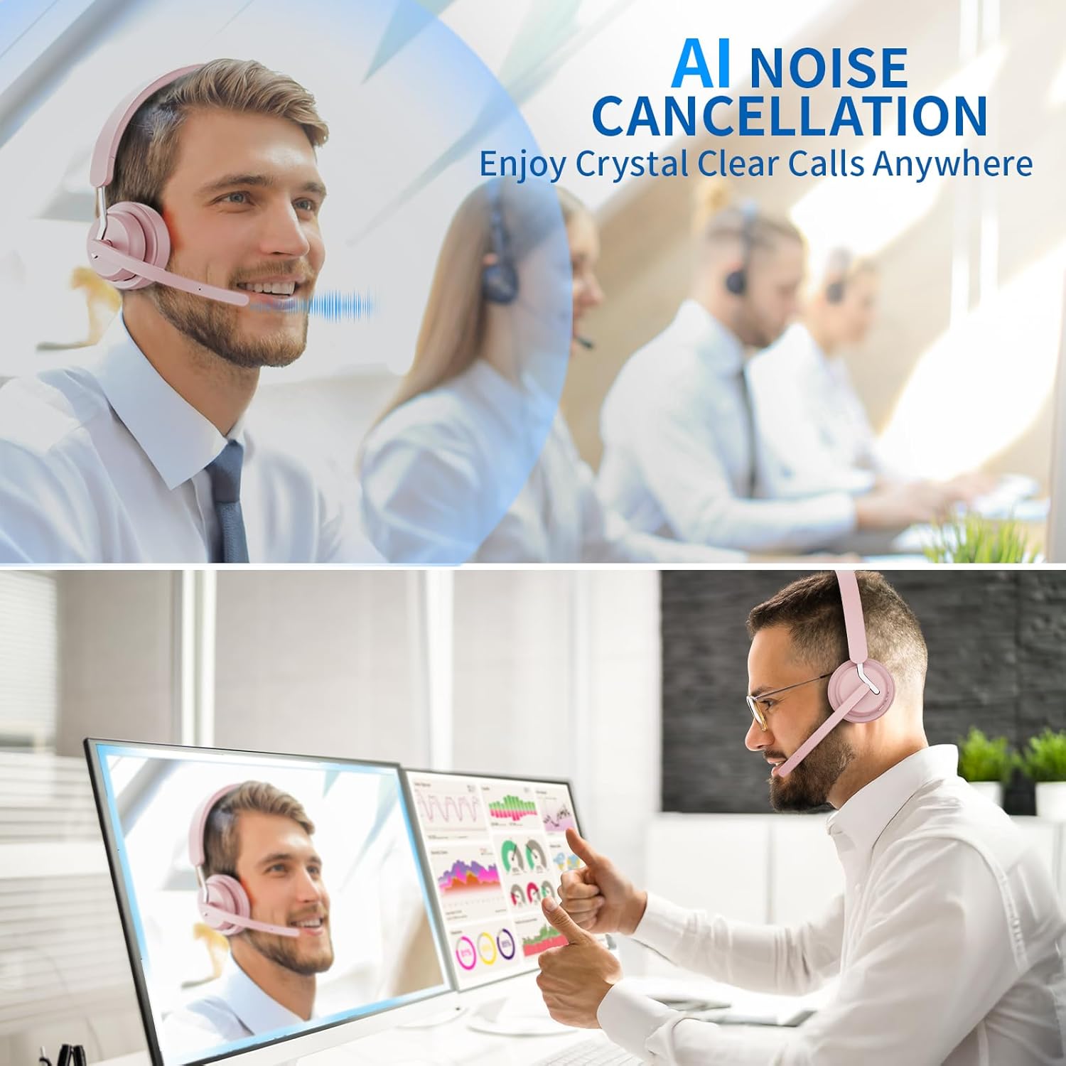 Wireless Headset with Mic, 2.4GHz Bluetooth Headset with AI Noise Cancelling Microphone & Charging Base, Wireless Headphones with USB Dongle for PC (Pink, L)