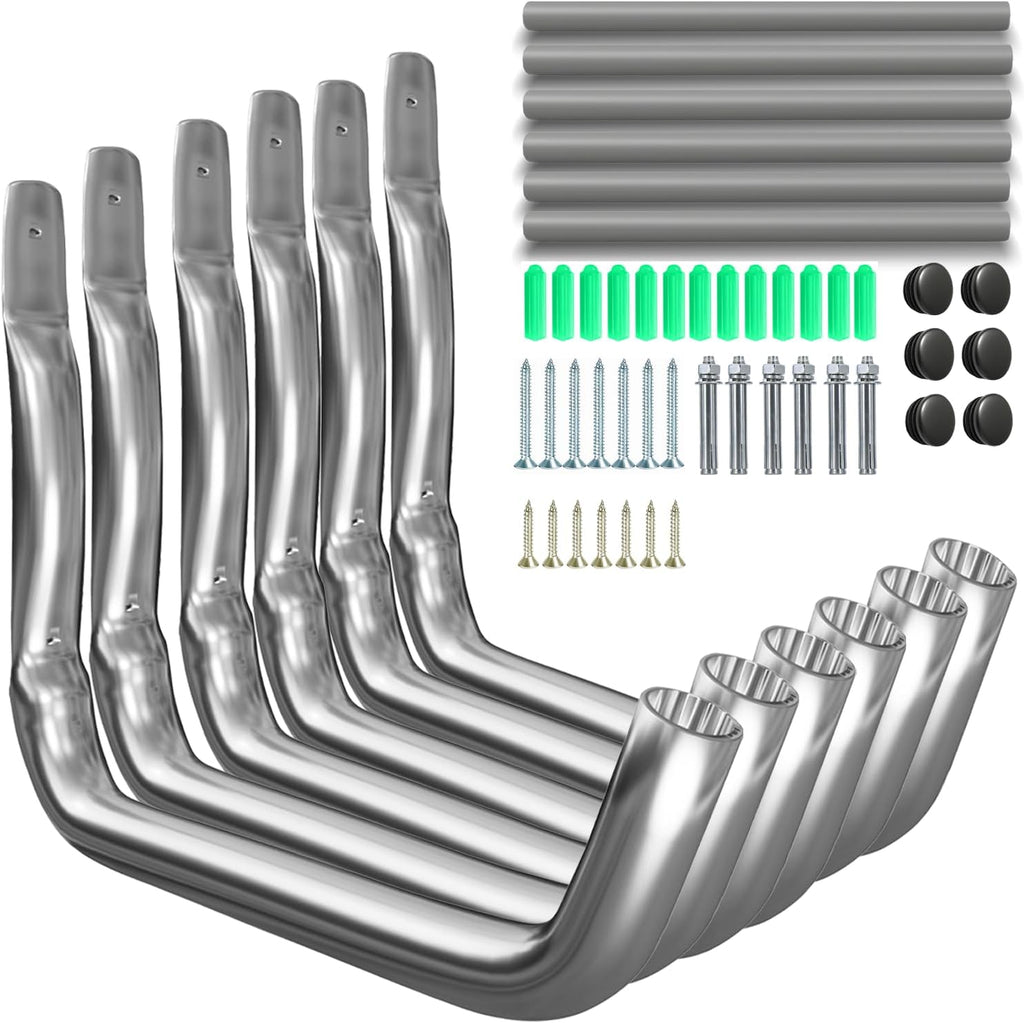 6 Pack Garage Hooks Heavy Duty, 15" 100LB Stainless Steel Wall Mount Kayak Storage Rack with EVA Pads for Hanging Indoor/Outdoor, Garage Storage Organizer for Hang Ladders Folding Chair Bike