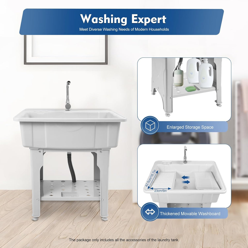 Freestanding Utility Sink Plastic Wash Station with Storage Shelf Indoor/Outdoor for Bathroom & Laundry (Gray, 25.6*21.65*31.5in)