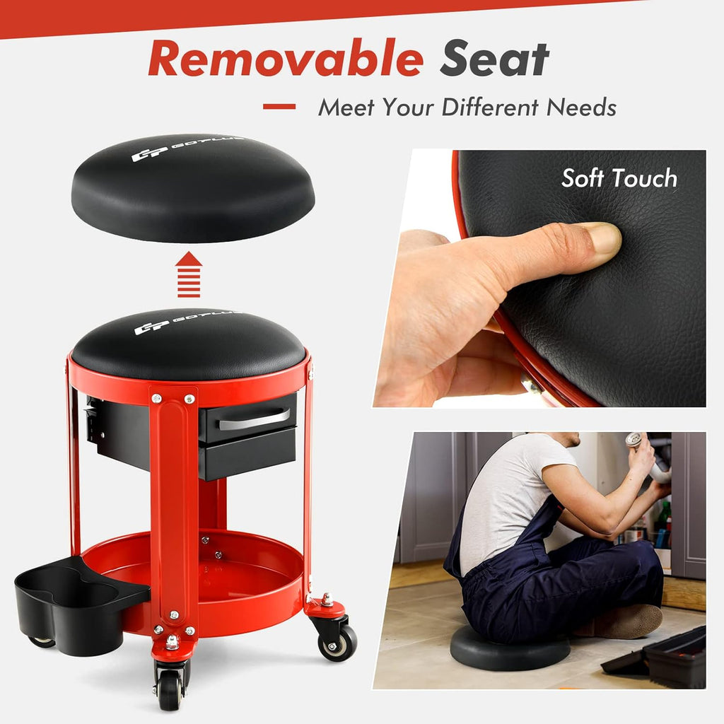 Goplus Rolling Mechanic Stool, Shop Stool Creeper Seat with Removable Padded Seat, 2 Drawers, Tool Tray, Twin Can Holder, Universal Wheels, Round Garage Workshop Chair, 330 Lbs Max Capacity