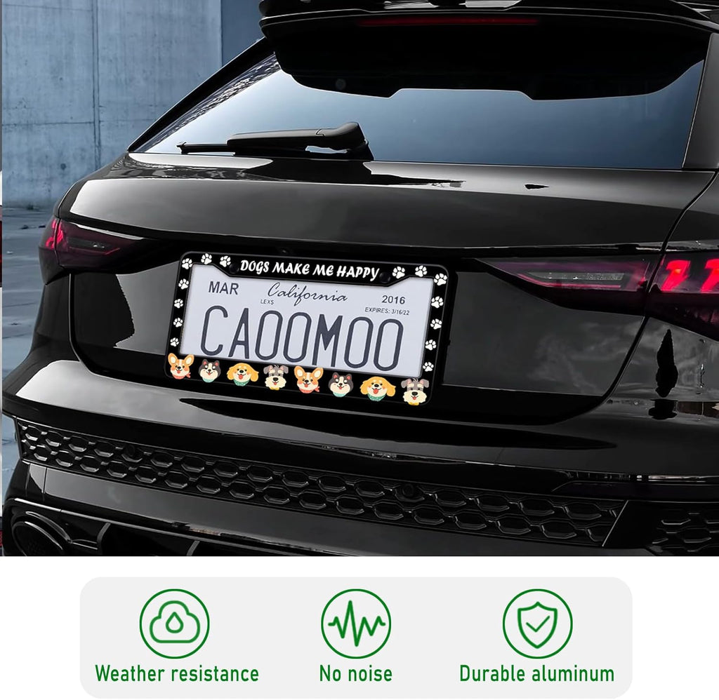 Dogs License Plate Frame, Lovely Puppies Dogs Paws Printed License Plate Holder Cover, Dogs Make Me Happy Metal Aluminum Rustproof Car Accessories for Women Men 2 Holes with Screw Caps