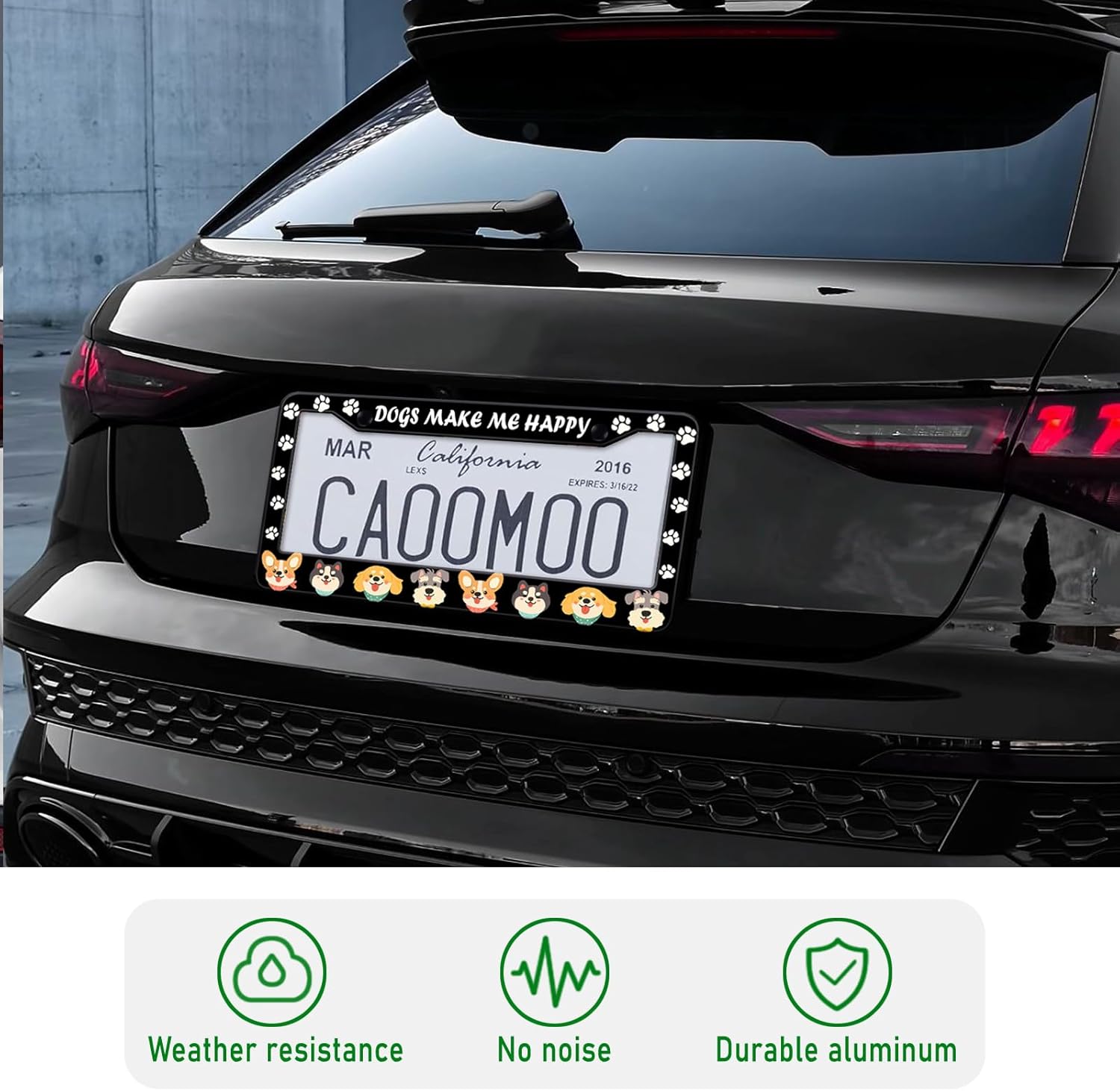 Dogs License Plate Frame, Lovely Puppies Dogs Paws Printed License Plate Holder Cover, Dogs Make Me Happy Metal Aluminum Rustproof Car Accessories for Women Men 2 Holes with Screw Caps
