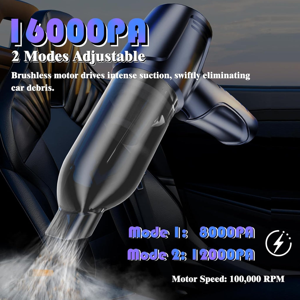 Car Vacuum Portable Cordless, 16000PA Powerful Suction, 5 in 1 Mini Handheld Vacuum Cleaner, Small Car Vacuum Cleaner, Brushless Motor, Air Duster, 4000mAh, Dual Filter, for Cars,Home,Office,Pet