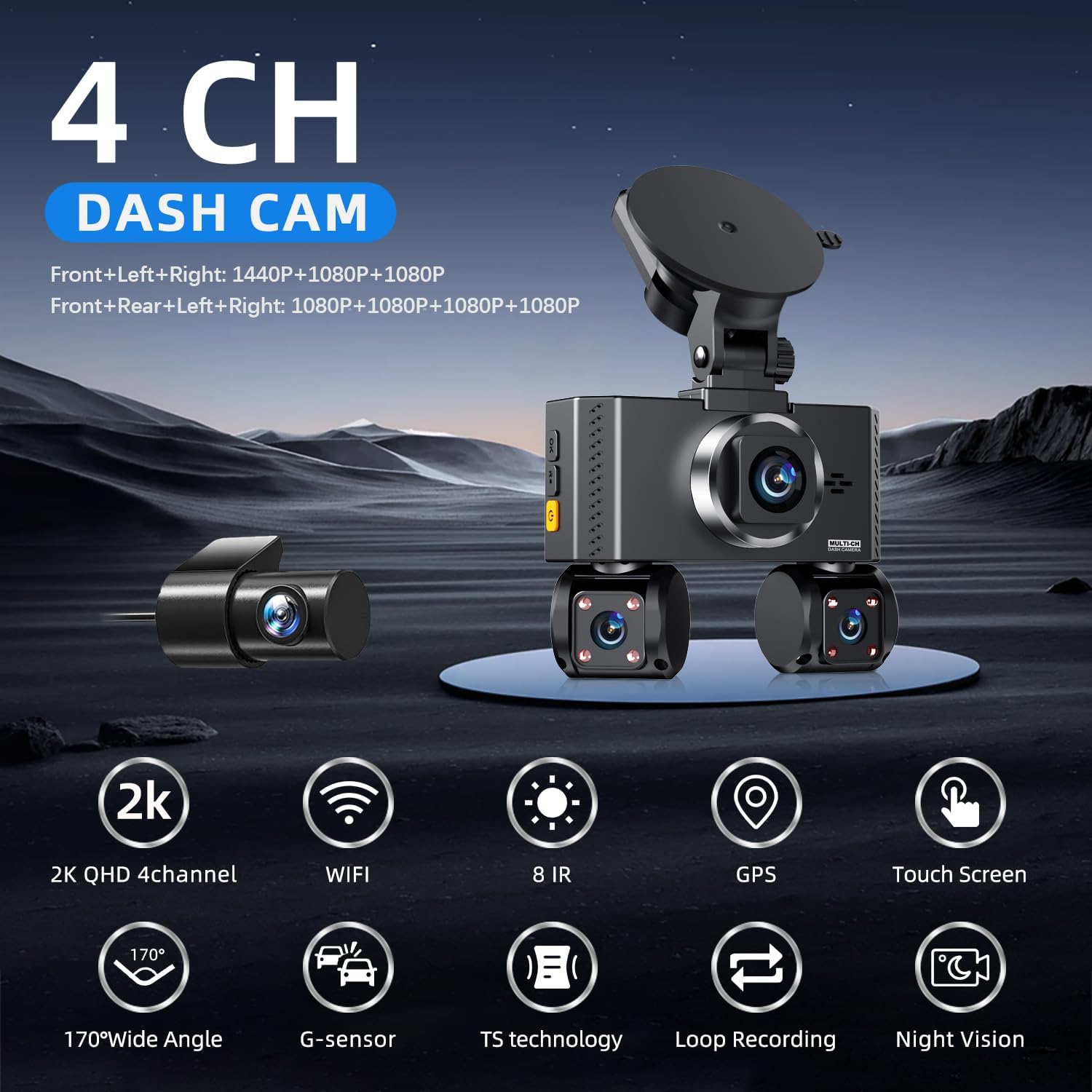 4 Channel Dash Cam Front and Rear, 360°Dash Camera for Car FHD 2K+3x1080P Touch Screen, 8 IR Night Vision, 5G WiFi, APP Control, G-Sensor, Loop Recording, Built-in GPS with 64GB Car, 24H Parking Mode