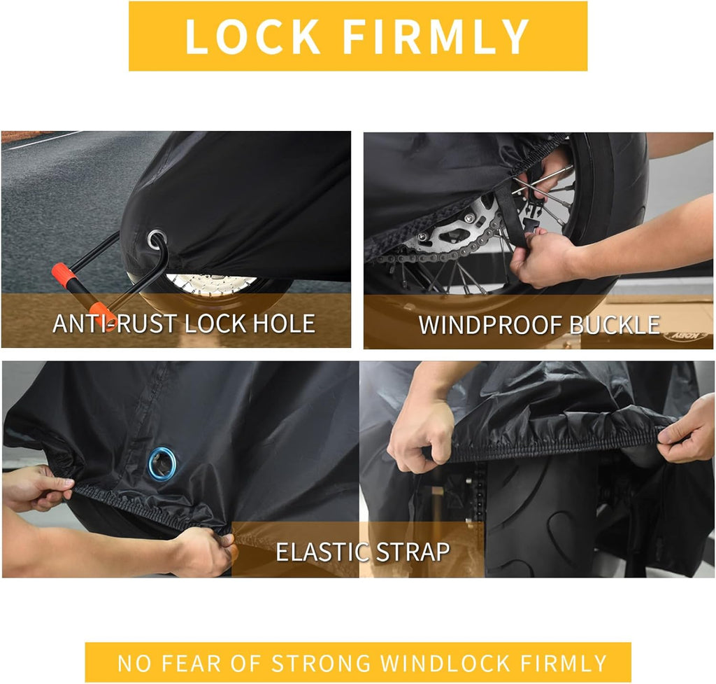 210D Motorcycle Cover All Season Waterproof Breathable Sun Outdoor Protection Three Reflective Tape with Lock-Holes & Storage Bag Bike Scooter Cover Universal (Black, 104''*41''*50'')