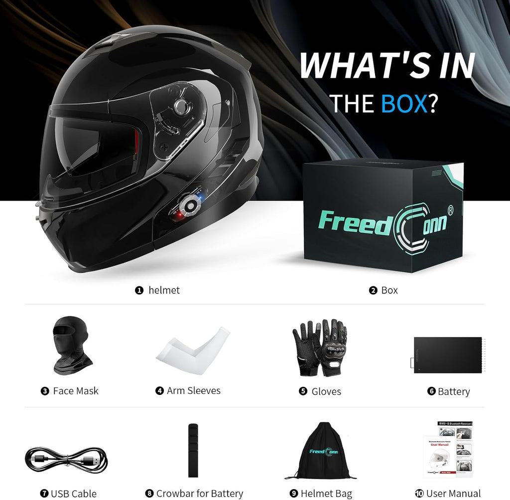 Motorcycle Helmet Bluetooth 5.0 Integrated New EPS FreedConn BM2-S Modular Flip Up Dual Visor Motorbike Helmet DOT FMVSS-218 Approved MP3 FM for Adults Men Women(X-Large, Glossy Black)