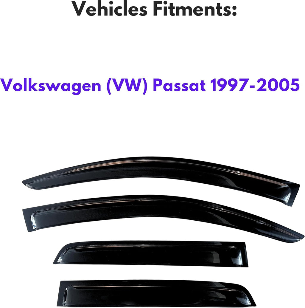 KPY Window Visor Compatible with Volkswagen (VW) Passat 1997-2005, Rain Guard Window Vent Deflectors Tape-On Style, 1997 1998 1999 2000 2001 2002 2003 2004 2005
