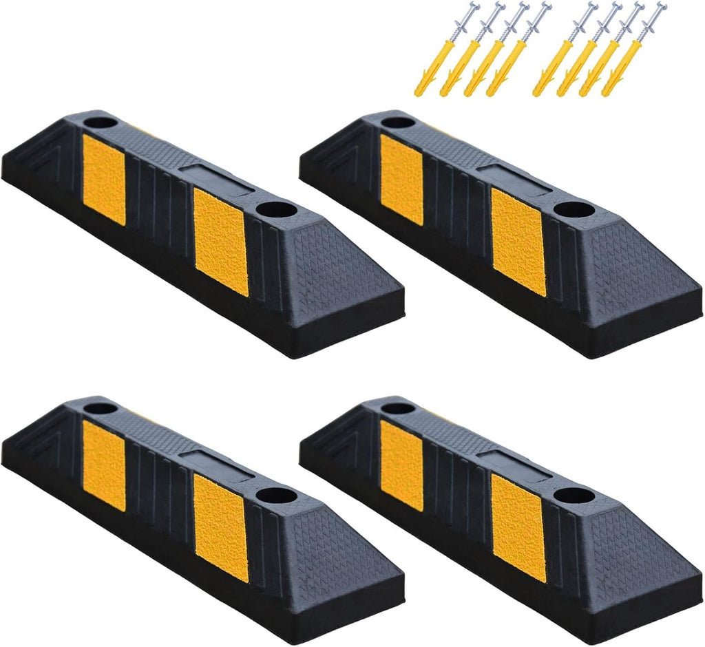 Heavy-Duty Parking Curb Wheel Stop - Driveway Vehicle Stopper for Cars, Trucks & RVs - Durable Rubber Car Barrier with Reflective Strip - Garage & Parking Lot Safety Curb Ramp (21" - 4Pack)