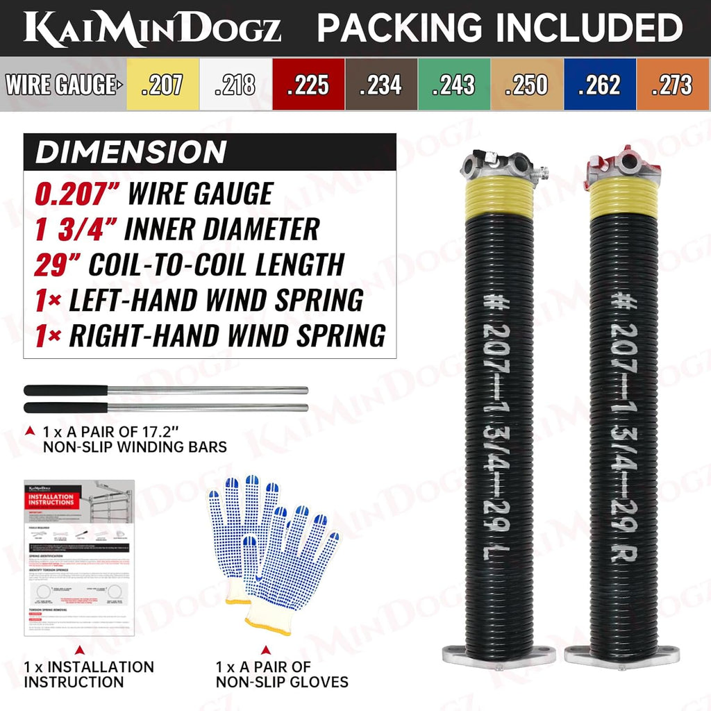 Pair of 1.75" Garage Door Torsion Springs Set with Non-Slip Winding Bars&Gloves, High Precision Electrophoresis Oil-Free Black Coated for Replacement, MIN 16,000 Cycles (0.207 x 1.75"x 29")