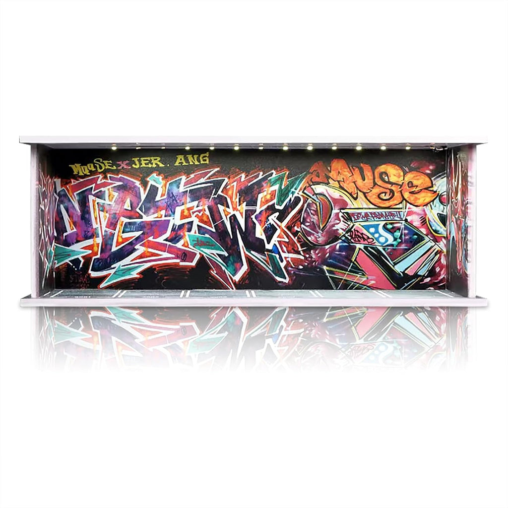Display Case for Hot Wheels: Stackable Parking Garage for 1/64 Scale Matchbox Toy Car, FoamBoard Storage for Monster Trucks with LED Light and Acrylic Cover, Graffiti Wall