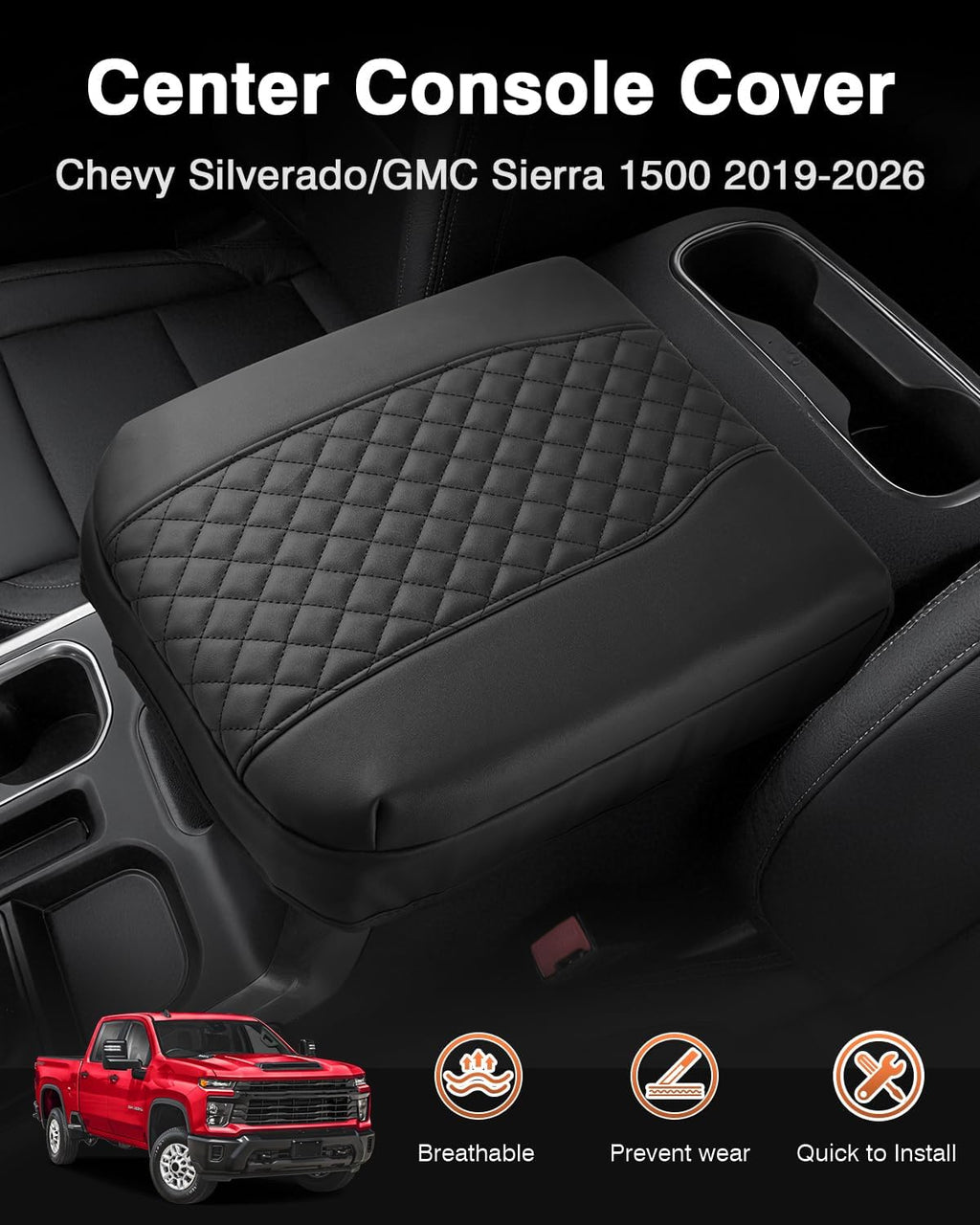 Shademax Center Console Cover for Chevy Silverado/GMC Sierra 1500 2019-2025 2026,Tahoe & Suburban & Yukon 2021-2025 Bucket Seat, Armrest Cover for Silverado Accessories Leather Cushion Pad Protector