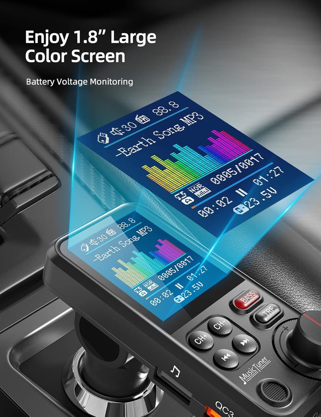 Nulaxy Bluetooth FM Transmitter for Car, 1.8" Color Screen Strong Mic Bluetooth Car Adapter with QC3.0 Fast Charger, Treble & Bass Sound Music Player, Hands-Free Calls, Supports Aux/TF Card/USB Drive
