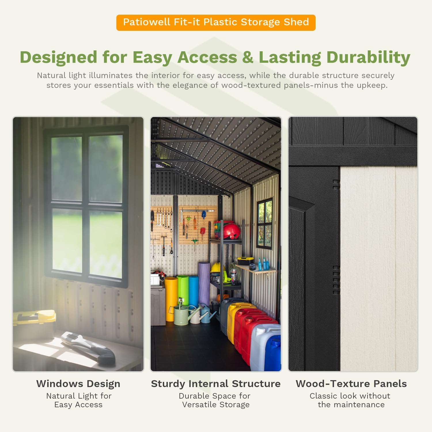 Patiowell 8 x 6 FT Resin Outdoor Storage Shed with Floor, Large Shed with Light and Lockable Door for Garden, Backyard, Tool Storage Use, Easy to Install in Beige (Kick-it Shed)