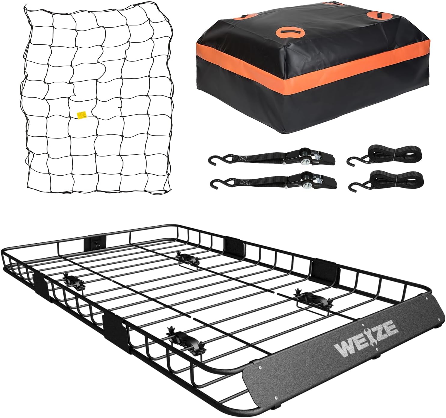 WEIZE 54" x 34" Heavy Duty Roof Rack, Rooftop Cargo Carrier Basket with Waterproof Bag, Tie Down Strap, Net, Rack Extension and Car Top Luggage Holder for SUV, 200lb Capacity, Steel Construction