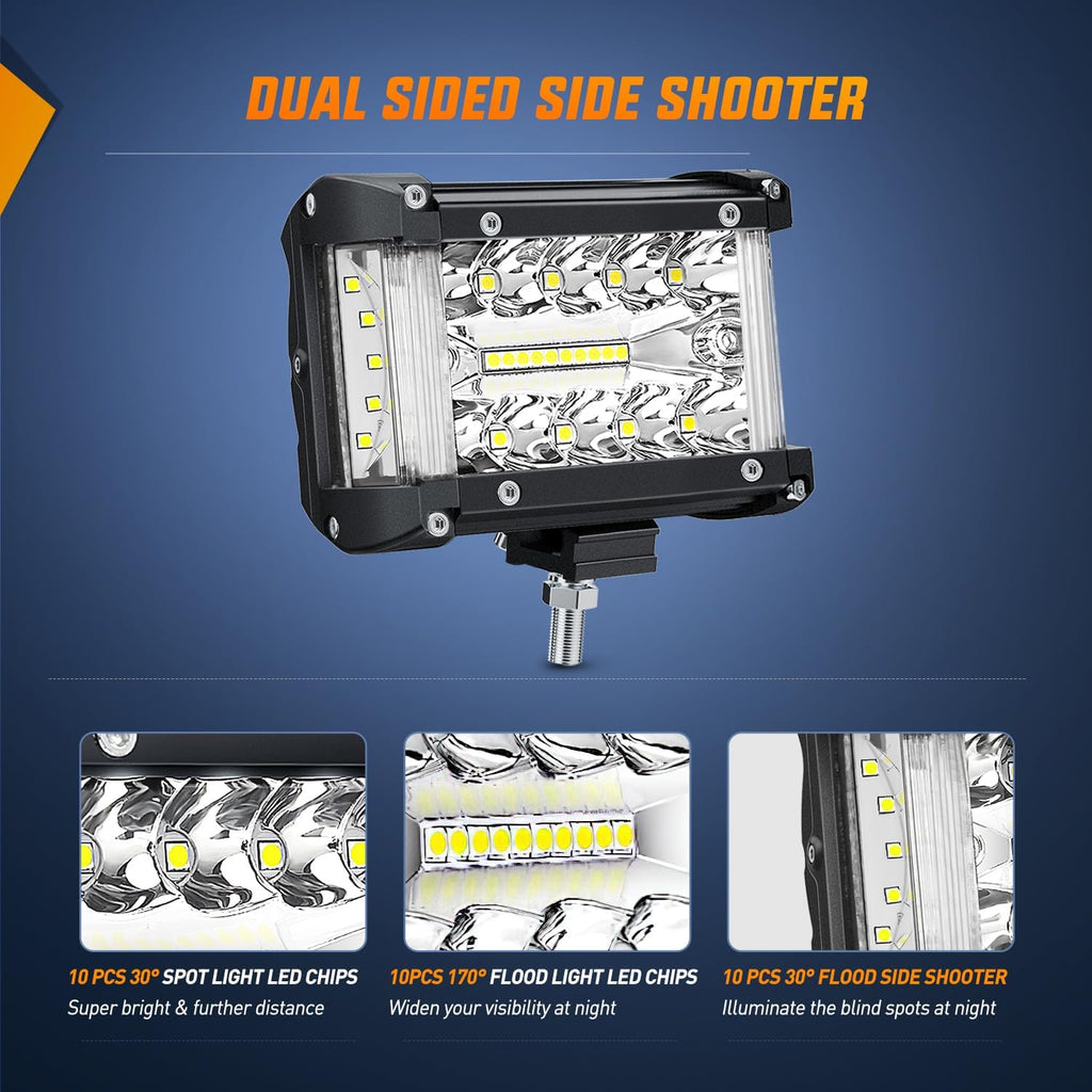 Nilight Side Shooter LED Light Bar 2PCS 4.3 Inch Triple Row Spot Flood Combo with Wiring Harness Kit for Off Road Driving Fog Work Lamp on Truck SUV ATV UTV