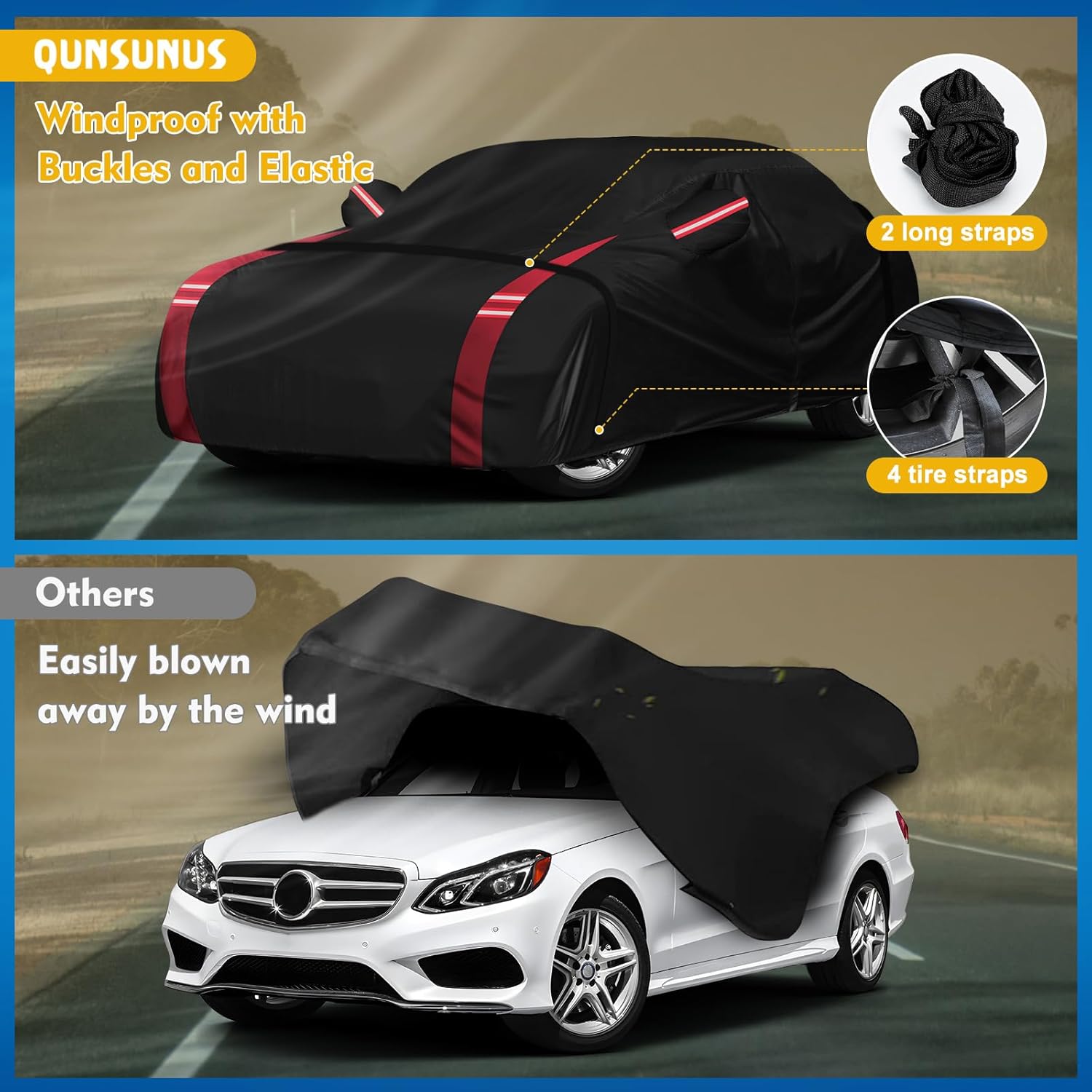 QUNSUNUS 6 Layer Car Cover for Mercedes Benz E-Class Sedan 2006-2024 Waterproof All Weather 210D Windproof for Mercedes Benz E 350 Car Cover Hail Protection with Zipper