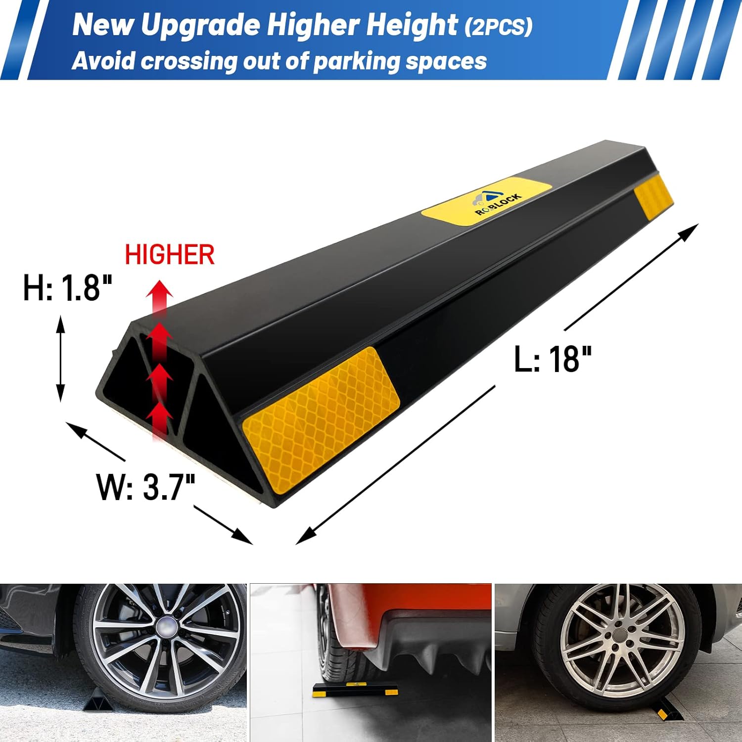 ROBLOCK New Updated 18" 2 PCS Heavy Duty Car Stopper for Garage, 1.8" Higher Parking Aid Gadgets Protects Car, Parking Stopper Easy to Install 18" L x 3.7" W x 1.8" H, 2 Packs