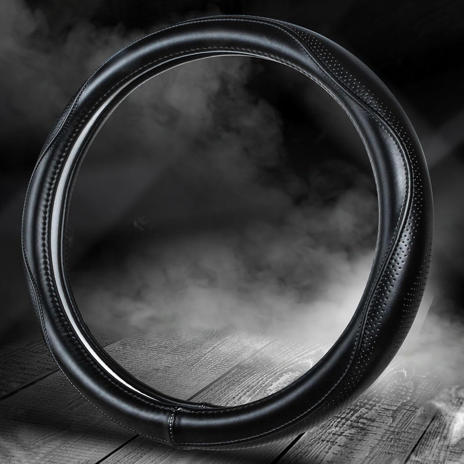 HAOKAY Top Grade Black Genuine Leather Steering Wheel Cover Men Women, Luxury Steering Wheel Cover for Cars, SUVS and Trucks，Universal 14.5-15 inch