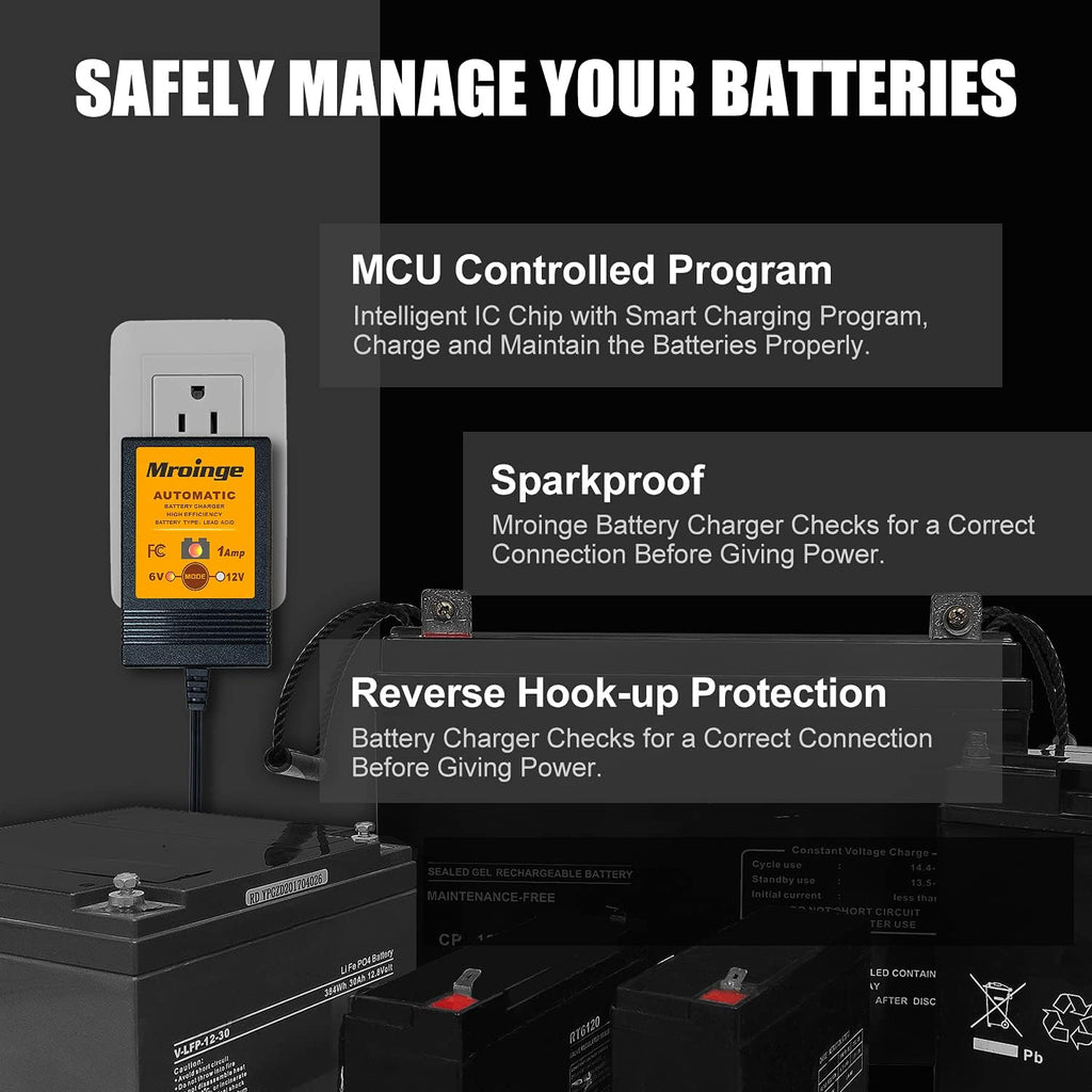 MBC016, 6V / 12V 1A Fully Automatic Trickle Battery Charger/Maintainer for Automotive Vehicle Motorcycle Lawn Mower ATV RV Powersport Boat, Sealed Deep-Cycle AGM Gel Cell Lead Acid Batteries