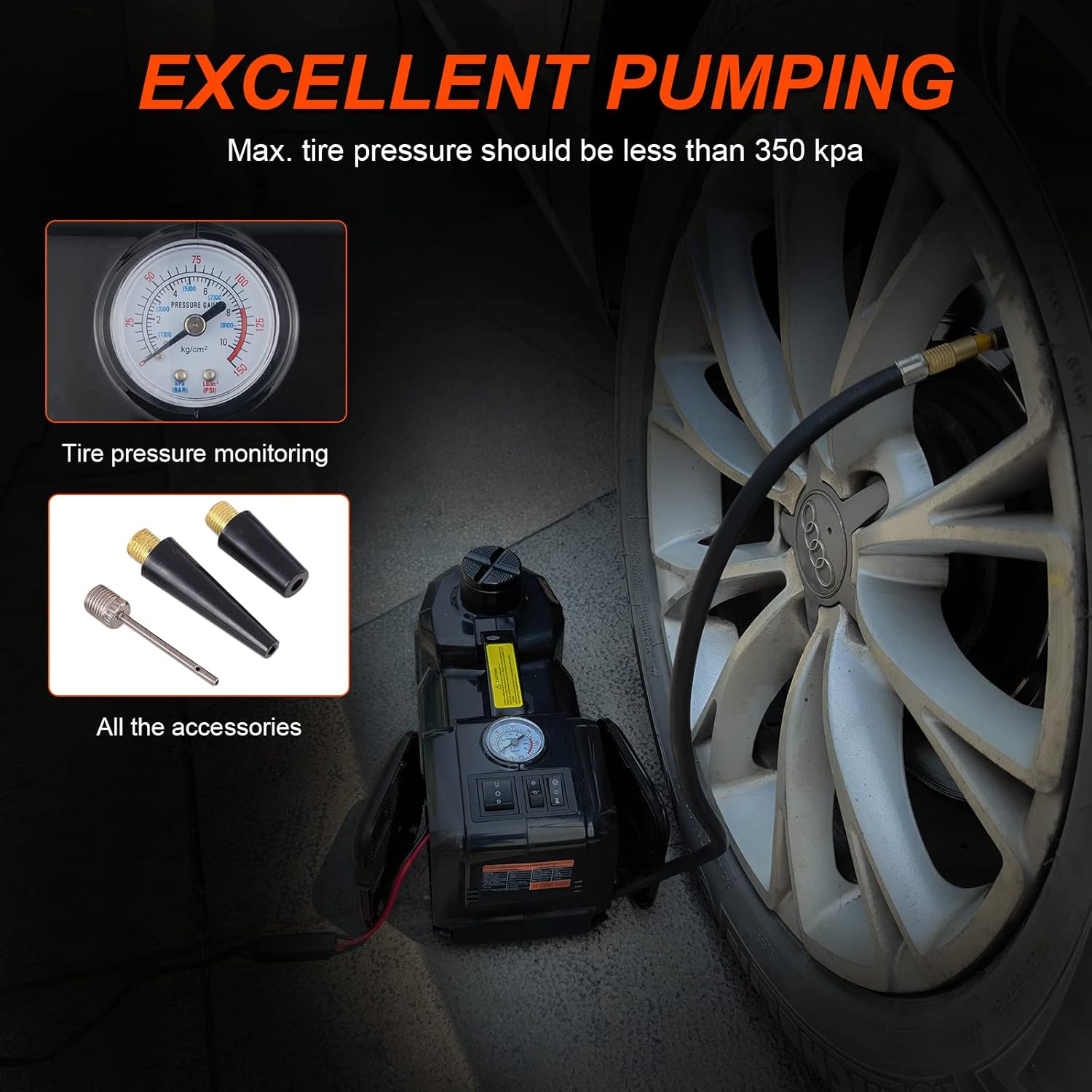 E-HEELP Electric Car Jack 5Ton 12V Kit Hydraulic (Lifting Range: 6.1~17.7 inch) with Inflator Electric Jack for Car SUV Sedan MPV Change Tires Garage Repair Emergency Kit