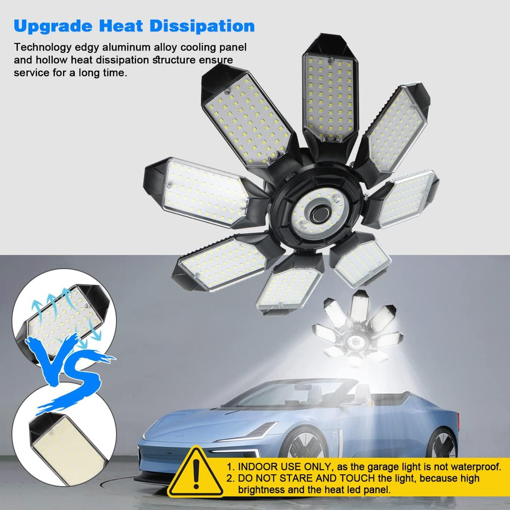 Led Garage Light - 20000LM Super Bright 6500K Garage Lights Ceiling Led w/ 8 Adjustable Panels Garage Shop Light Compatible for E26/E27 Socket Applicable for Workshop Barn Warehouse Attic
