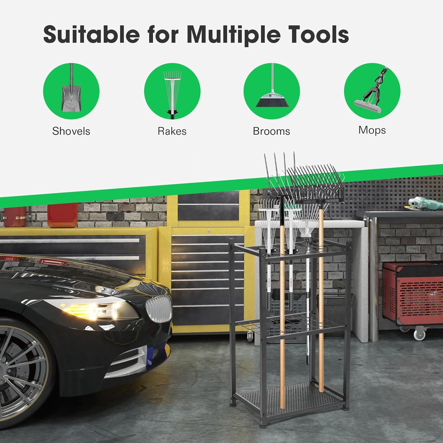 VIVOSUN Garden Tool Organizer, Heavy Duty Steel Tool Rack Tool Stand, Up to 35 Long-Handled Tools, Yard Tool Storage for Garage Shed Home and Outdoor, Medium, Anti-tipping Design