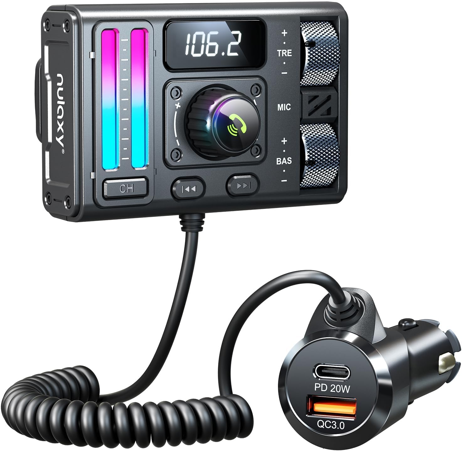 Nulaxy Bluetooth 5.3 Car Adapter with Air Vent Installation & DSP Noise Cancellation, QC3.0 & Type-C PD Car Charger Wireless FM Radio Transmitter Supports Bass & Treble Boost