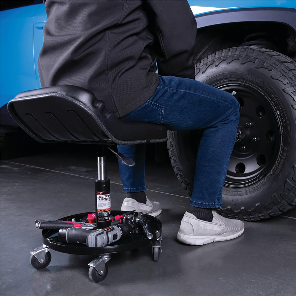 Performance Tool W85020 Tractor Creeper Rolling Work Seat with Storage Tray for Mechanic Garages and Workshops, Black, 24-inch Height