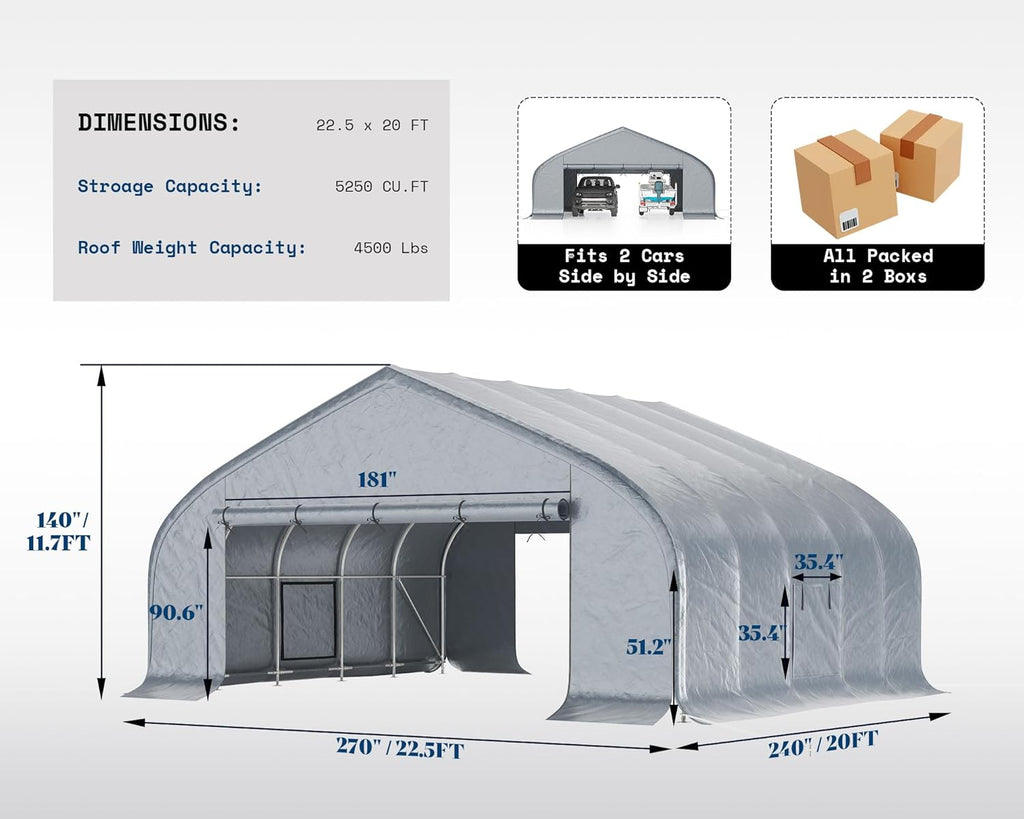 AMERLIFE 22.5 x 20FT Heavy Duty Double Carport, Galvanized Steel Frame Garage Shelter,Outdoor Storage, Waterproof 3-Layer PE Cover, Fits 2 Cars, Boat, Farm Equipment, Silver Grey