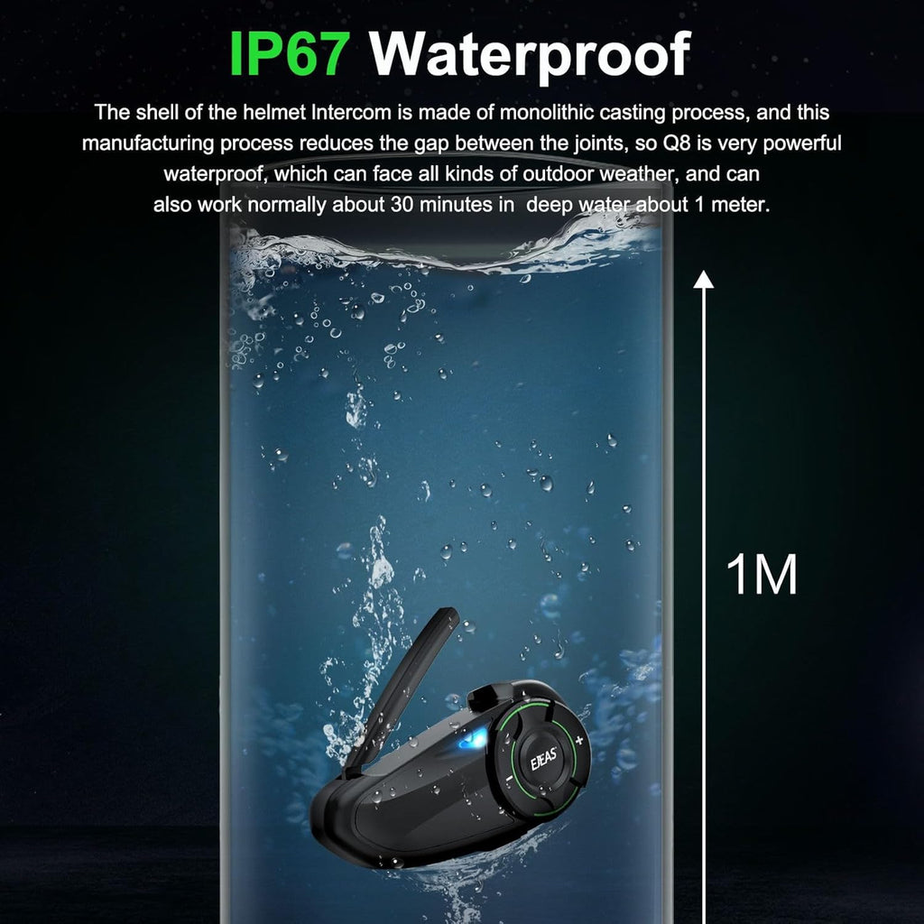 EJEAS Q8 2PC Motorcycle Bluetooth Headset, Upgraded Mesh 3.0 Intercom System with Music Sharing and IP67 Waterproof for 6 Riders Group Talking