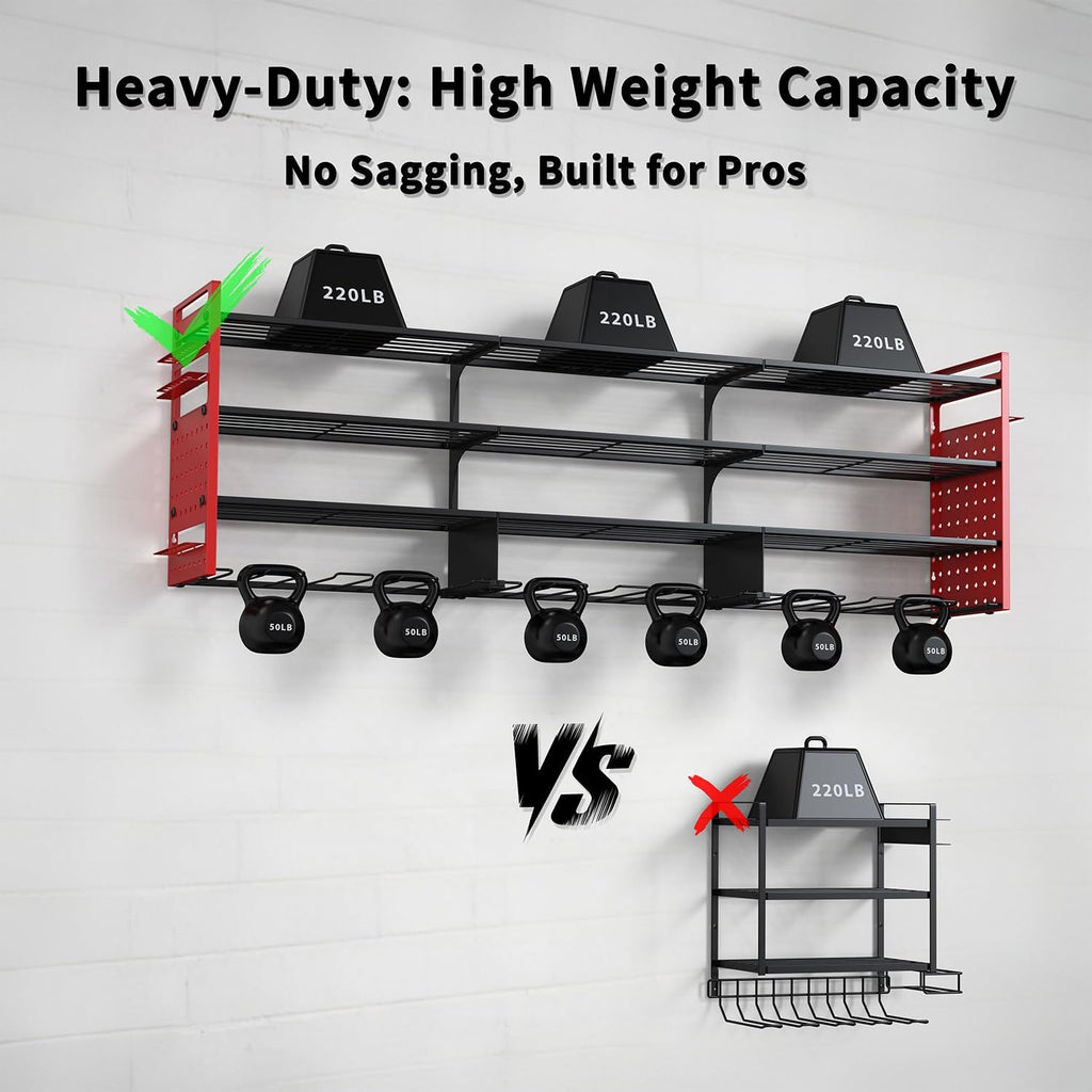 Power Tool Organizer Wall Mount with 12 Drills Holder, 49" Heavy Duty 4-Tier Power Tool Storage Rack, DIY Pegboard Side Panels,4 Long Hooks, Garage Metal Tool Shelf for Battery,Drills