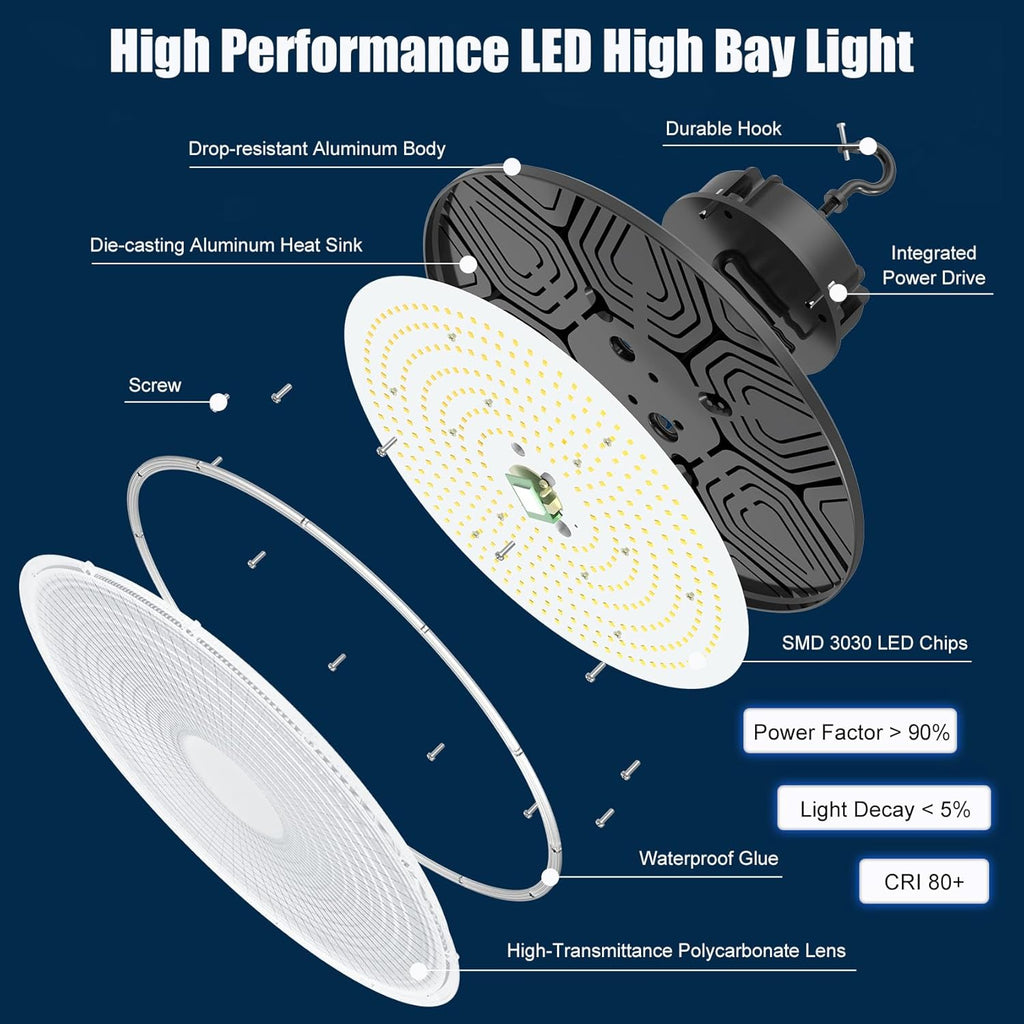 BBESTLED 9 Pack LED High Bay Lights 240W 33,600LM 5000K, Dimmable UFO LED High Bay Shop Light, UL DLC Listed, IP65 Waterproof Commercial Warehouse Lights for Gyms Garage Workshop Barn Factory